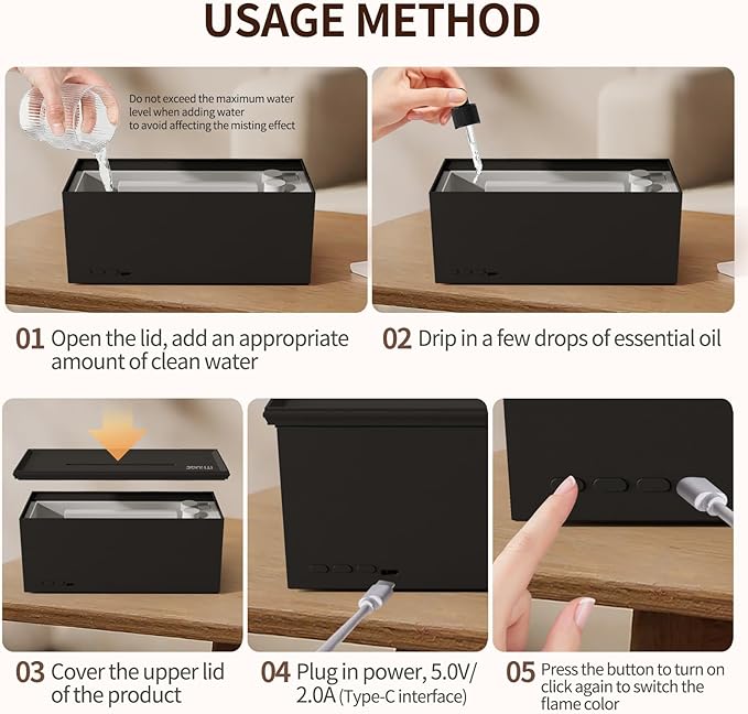 Flame Effect Essential Oil Diffuser - 280ML Ultrasonic Aromatherapy Diffuser with Realistic Fireplace LED, Remote Control, 7 Colors, Timer, Quiet Operation for Home Bedroom Office - Image 7
