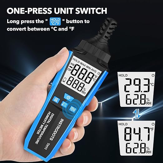 Temperature Humidity Meter, High Precision Digital Hygrometer with Ambient, Dew Point, Wet Bulb Temperature for Indoor Outdoor, Thermometer with Min/Max, Data Hold, LCD Backlight, TH11 - Image 6