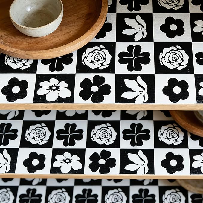 Shelf Liners Non Adhesive Black & White Checkerboard Floral - Thickened Non-Slip Easy to Clean Drawer Liner for Kitchen Cabinets, Tool Box, Refrigerator, with Knife & Tape Measure, 12in x 118.1in - Image 9
