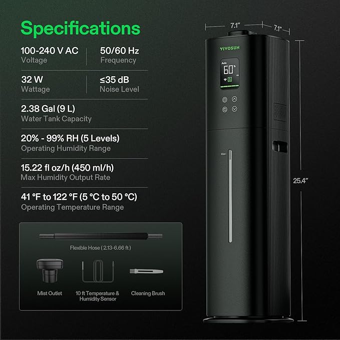 VIVOSUN AeroStream H09 Intelligent Wi-Fi Humidifier, 2.38 Gal / 9 L Humidifier with Temp & Humidity Probe, Smart Remote Control, Designed for Growers - Image 2