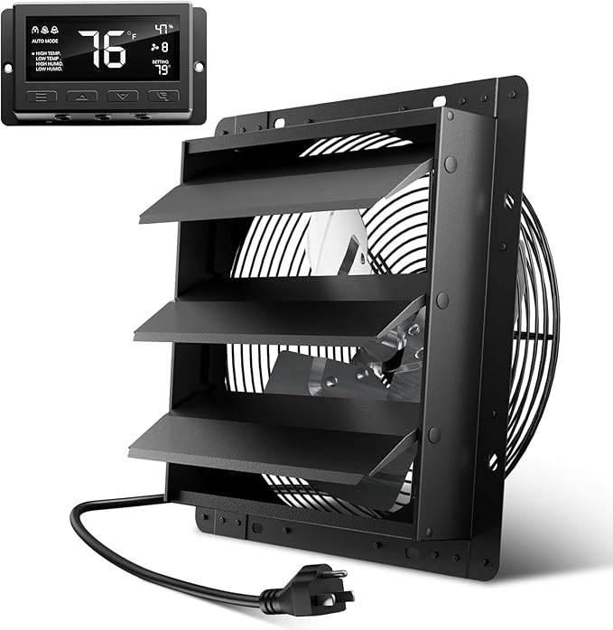 Hon&Guan Shutter Exhaust Fan, 12-Inch Wall Mount Attic Fan with Temperature Humidity Controller, 10-Speed Adjustable, 971 CFM, for Ventilation and Cooling in Greenhouses, Garages, Chicken Coops by HonGuan
