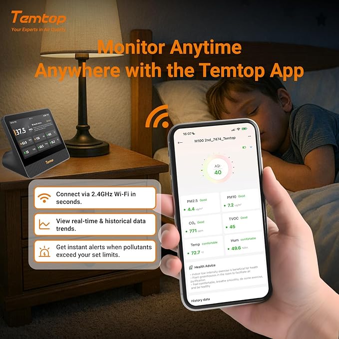 Temtop M100 2nd Gen Air Quality Monitor for Indoor Air, 7-Inch Touch Screen, Real-Time Tester for PM2.5, CO2, TVOC, Temp & Humidity, WiFi App & Multi-Room Monitoring with Smart Insights - Image 4
