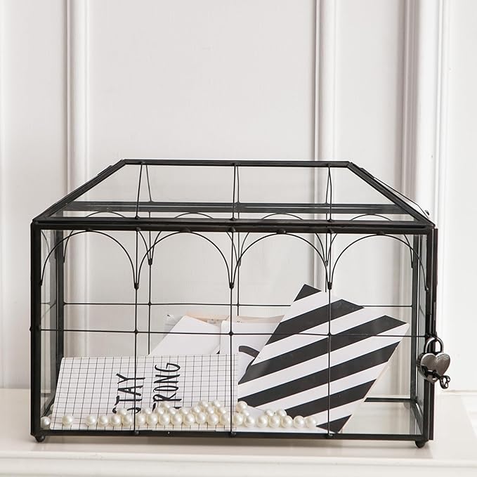 Wedding Card Box with Slot, 12.6'' Large Glass Card Boxes for Reception, Black Geometric Holder, Clear Decorative Storage Box with Lock for Baby Shower, Birthday Party, Christmas, Bridal Shower - Image 2