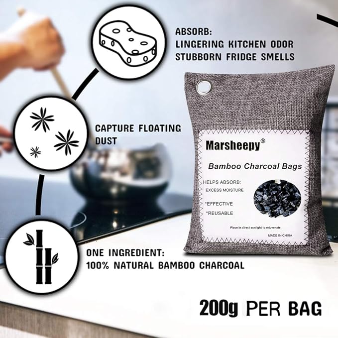 Marsheepy 12 Pack Bamboo Charcoal Shoe Deodorizer Bags, Activated Charcoal Odor Absorber, Bamboo Charcoal Air Purifying Bags, Odor Eliminator for Shoes, Pets, Car, Closet (150g X 2 and 50g x 10) - Image 3