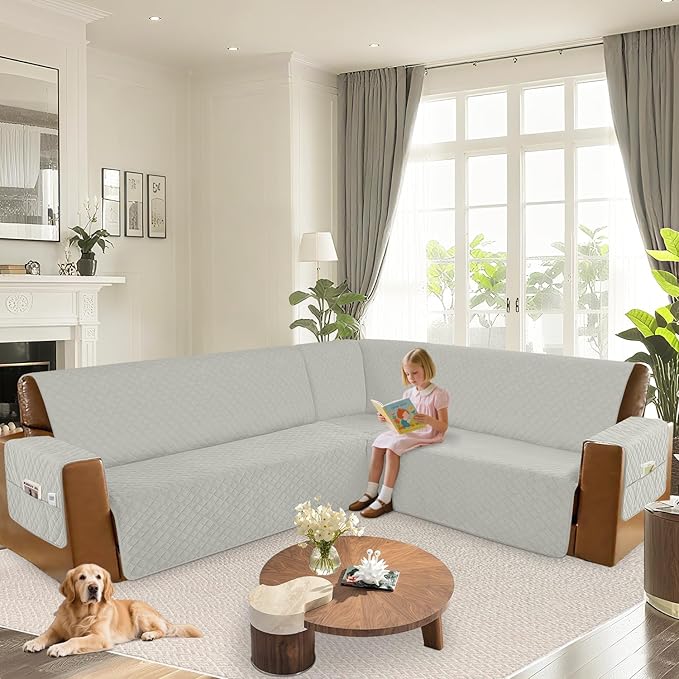 Arfntevss Waterproof Sectional Couch Covers L Shape Washable Velvet Sofa Cover for Sectional Non Slip Large Corner Slipcovers Dog 6 Pcs Universal U Shaped Furniture Protector (Light Gray, X-Large) - Image 6