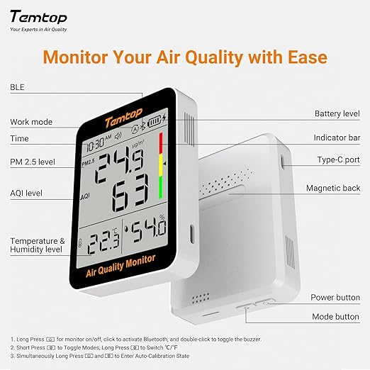 Temtop Smart Air Quality Monitor - Indoor Air Quality Meter with PM2.5, AQI, Temperature and Humidity Detector for Home, Office or School, App Connectivity, OTA Updates, 60-Day Battery Life - Image 5