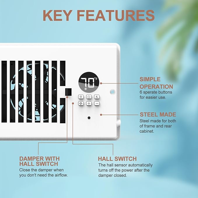 4"x10" Vent Register Booster Fan, Strong Steel Panel, Ultra-Quiet, 10-Speed, Built-In Thermostat, Mechanical Damper, Efficient HVAC Vent Fan (Matte White, 1 Pack) - Image 3