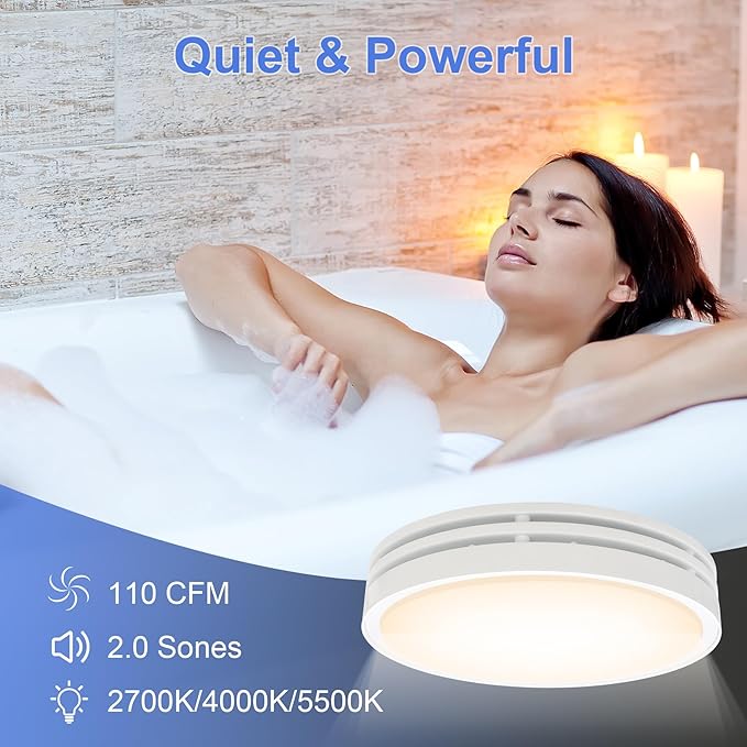 Akicon Bathroom Exhaust Fan with Light, 110CFM, 2.0 Sones for Ceiling, 1000lm Dimmable LED Light and 150lm Nightlight Dual Color Bathroom Vent Fan for Home, Round, White - Image 6