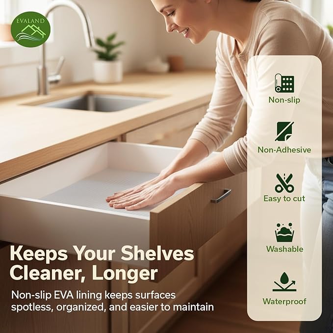 EVALAND Shelf Liners for Kitchen Cabinets Non-Adhesive 15.75" x 33FT Clear Drawer Liner Non Slip, Washable Cabinet Liner, Waterproof Shelf Liners for Cabinets, Refrigerator Bathroom Pantry Cabinet Mat - Image 3