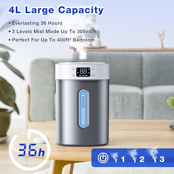 4L Ultrasonic Cool Mist Humidifier with 304 Stainless Steel Tank, Auto Humidity Control, Night Light, and Timer - For Large Rooms and Baby - Image 3