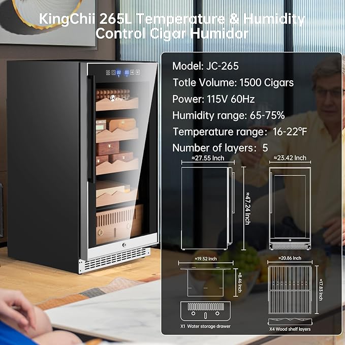 KingChii 265L Electric Cigar Humidor Temperature & Humidity Control,with Spanish Cedar Wood Shelves & Drawer Hygrometer Father's Day Gifts For Men (1500 Capacity) - Image 6