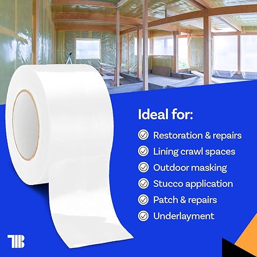 Vapor Barrier Tape - 4 inch x 180' Roll, Made in USA, White Polyethylene Tape for Crawl Spaces & Moisture Barriers, Waterproof Seal & Seam Tape for Underlayment, Insulation, and Plastic Liners (12) - Image 4