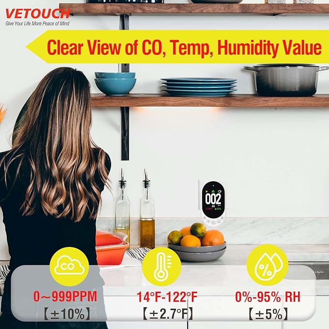 Plug-in Carbon Monoxide Detector with Digital Color Display CO Detector for CO, Temperature & Humidity, 85dB Loud Alert, Self Test Function vetouch CO Detector, for Home, Bedroom, Kitchen, RV - Image 3