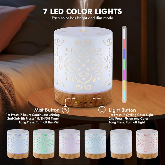 Essential Oil Diffuser for Home - 300ML Metal Aromatherapy Diffuser with Auto Shut-Off Protection & 4 Timers, Ultrasonic Humidifier with 7 Colors Lights for Large Room, Home Office Décor(White Flower) - Image 2