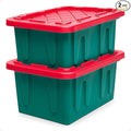 HOMZ 2-Pack Durabilt, Heavy Duty Plastic Storage Bins with Lids, 15 Gallon, Green/Red - Stackable Container Boxes for Holiday, Attic, and Garage Organization by Homz
