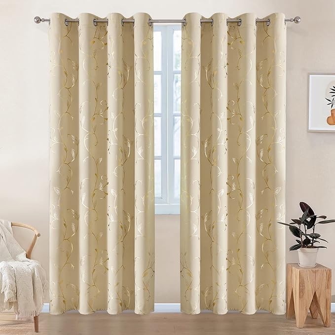 BUHUA Blackout Curtains Gold Foil Print Flower Vine Grommet Drapes, Room Darkening Thermal Insulated Curtains, Noise Reducing Curtain for Bedroom, Beige, 52Wx45L, 2 Panels - Image 2