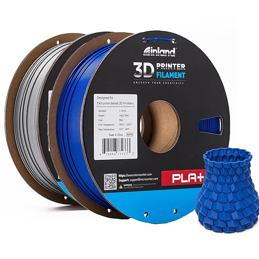 INLAND Micro Center PLA+ 3D Printing Filament 1.75mm - PLA Pro Dimensional Accuracy +/- 0.03 mm - 1kg Cardboard Spool (2.2 lbs) (2 Pack Silver & Blue, 1.75mm) by INLAND