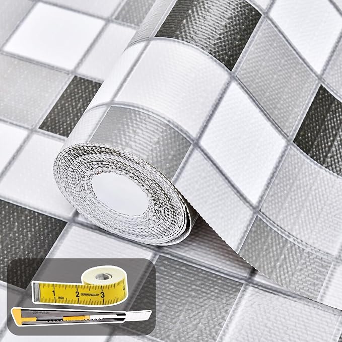 Drawer and Shelf Liner for Kitchen Cabinet: 17 in X 30 Ft Non Slip Waterproof Shelf Paper Non Adhesive Refrigerator Liners Gray Mosaic Easy Liners for Bathroom by Kimhan