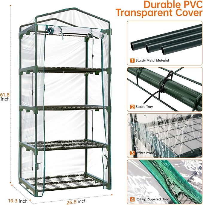 Bstrip Indoor Greenhouse with Grow Lights, 4 Tier 27.2" L×19.9" W×61.8" H Mini Greenhouse with Zippered PVC Cover for Seed Starting Trays, Dimmable 2FT 60W Plant Light for Indoor Plants with Timer - Image 8