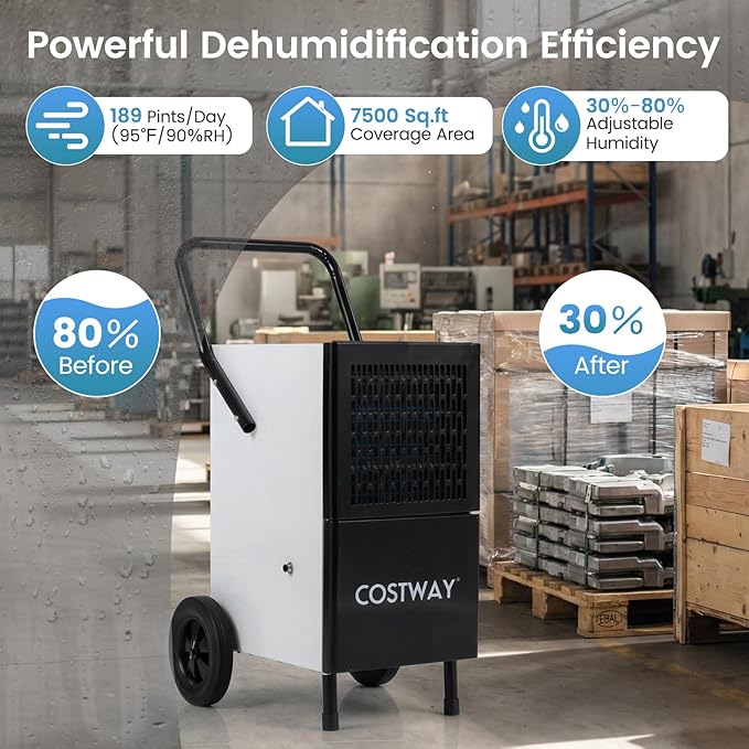 COSTWAY 189 Pints Commercial Dehumidifier with Pump, 3.3Ft Drain Hose & Wheels, Industrial Dehumidifier for Basement, Warehouse, Job Sites & Large Space Up to 7,500 Sq.Ft - Image 2