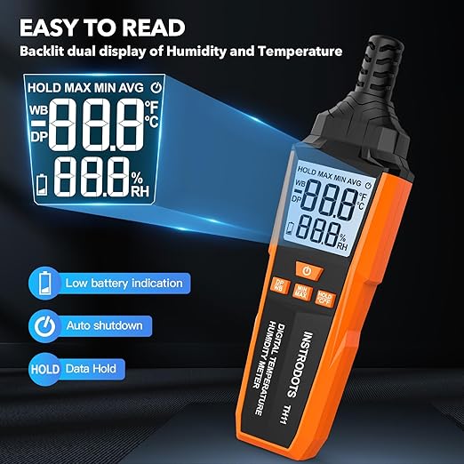 Temperature Humidity Meter, High Precision Digital Hygrometer with Ambient, Dew Point, Wet Bulb Temperature for Indoor Outdoor, Thermometer with Min/Max, Data Hold, LCD Backlight, TH11 - Image 4