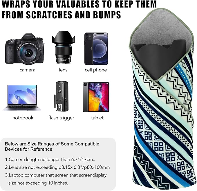 19.6 in Camera Wrap With Pouch, Lens Protective Wrap, Anti-scratch Anti-dust, Flexible Wrapper Travel Accessories for DSLR Mirrorless Lens (ETHNIC), Blue - Image 2