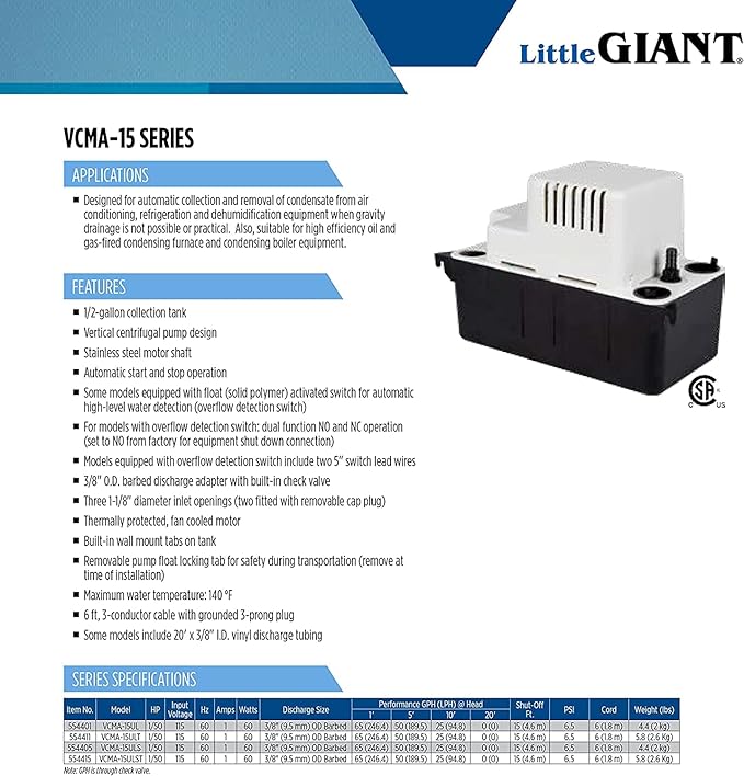 Little Giant VCMA-15ULST 115 Volt, 65 GPH, 1/50 HP Automatic Condensate Removal Pump for HVAC/Refrigeration Systems/Dehumidifiers with Overflow Detection Switch and 20-Foot Tubing, Black/White, 554415 - Image 12