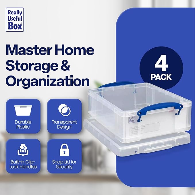 Really Useful Box 4 Pack Storage Bins, Clear Plastic Stackable Organizing Totes, 8.1 Liter - Image 4
