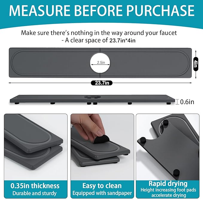 Faucet Mat for Kitchen Sink with Raised Feet, Fast Drying Diatomite Stone Sink Tray, Water Absorbent Faucet & Sink Splash Guard, Prevents Moisture Buildup, Durable Protector for Bathroom Counter - Image 2