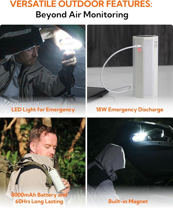 Portable Air Monitor, Lumopal Air Sensor with CO/TVOC/HCHO/EX/Humidity/Temp/Pressure Detector Indoor/Outdoor, VOC Meter CO Detector Gas Alert with 8000mah Long Lasting for Home Camping (White) - Image 7