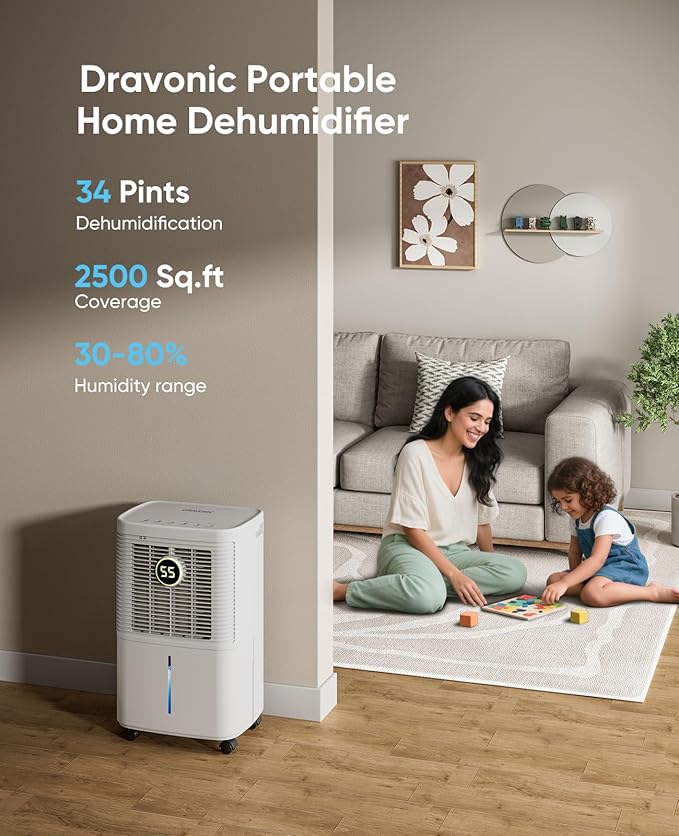 34 Pints Dehumidifier for Basement and Home, Quiet 3-Mode Operation with Continuous Drain Hose, 0.5 Gal Tank, Auto Defrost and 24H Timer for Bedrooms and Bathrooms (White, 34 Pints) - Image 2