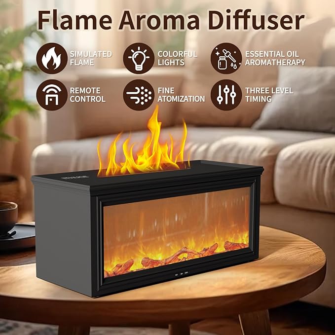 Flame Effect Essential Oil Diffuser - 280ML Ultrasonic Aromatherapy Diffuser with Realistic Fireplace LED, Remote Control, 7 Colors, Timer, Quiet Operation for Home Bedroom Office - Image 3