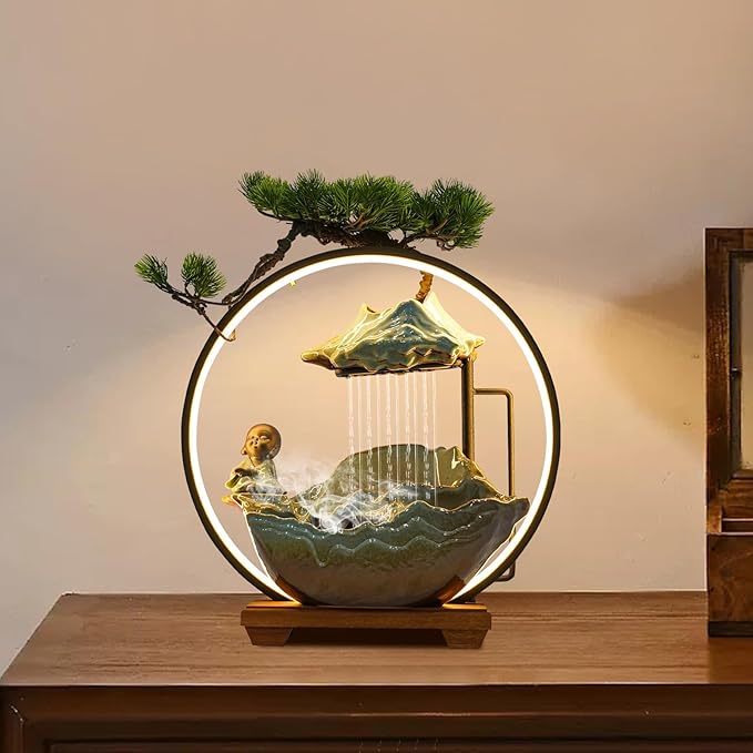 16In Bonsai Tree Statue Water Fountains Indoor Tabletop Waterfall Humidifier with LED Light and Atomizer Mist, Japanese Zen Decor Meditation Fake Plants Bonsai Feng Shui Decor Festival Birthday Gift - Image 5