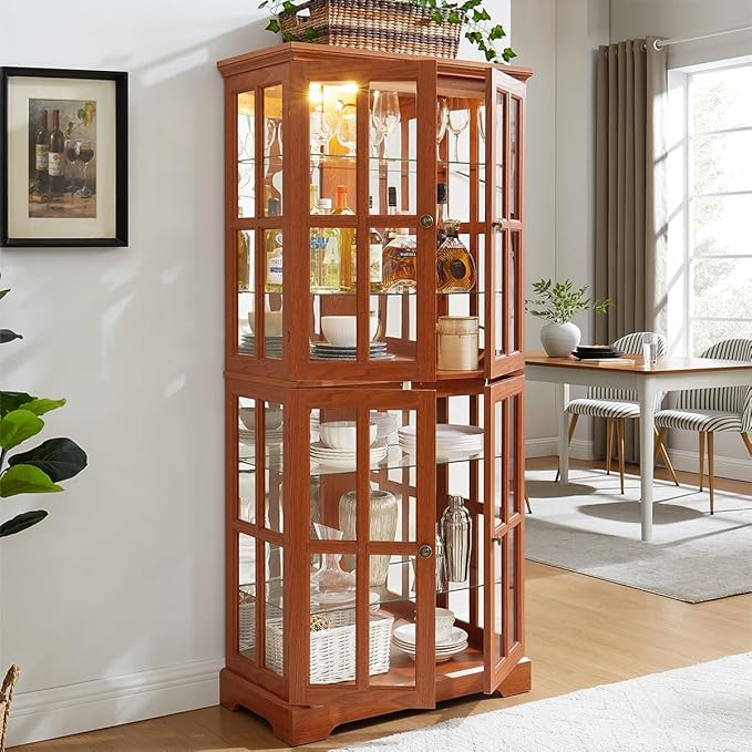 Lighted Glass Curio Cabinet with Lights & Adjustable Shelves,Curio Display Cabinet with Wood Frame & Glass Door,Corner Antique Display Case for Kitchen,Living Room,Office - Image 6