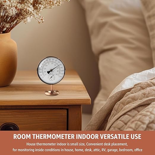 4-Inch Indoor Thermometer and Humidity Gauge, Room Analog Temperature and Humidity Monitor, Dual Scale Display, Brass Dial with Stand, Battery-Free for House, Home, Desk, Bedroom, Garage, RV - Image 2