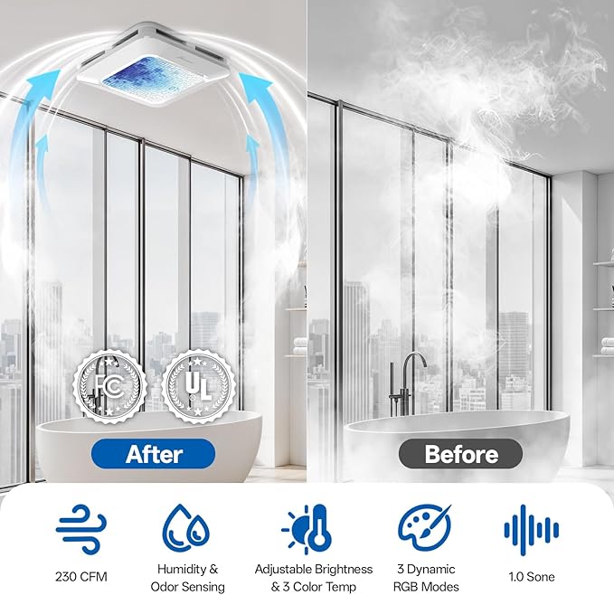 Bathroom Exhaust Fan with Light Humidity Sensor, Bathroom Fan with Odor & Humidity Sensor, 230 CFM 1.0 Sone Venlitation Fan with 3CCT LED Light 7 LED Color, Remote Control Easy Install - Image 5
