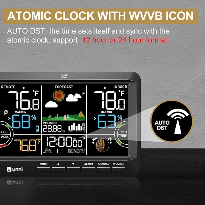 Weather Station Indoor Outdoor Thermometer Wireless, Home Atomic Clock with Large Constant Display, Inside Outside Temperature Humidity Monitor, Dew Heat Point, Barometer Black - Image 4