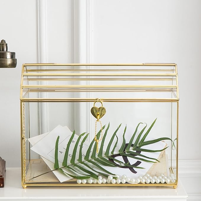 Wedding Card Box with Slot, 12.2'' Large Glass Card Boxes for Reception, Gold Cards Holder, Clear Decorative Storage Box with Lock for Baby Shower, Birthday Party, Christmas, Bridal Shower - Image 2