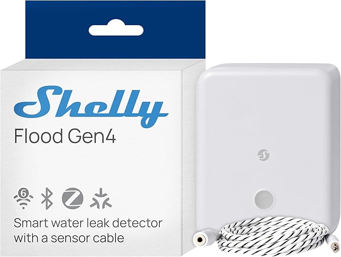 Shelly Flood Gen4, WiFi, Bluetooth, Zigbee, Matter Smart Flood Sensor with Leak Sensor Cable, Alexa, SmartThings, Google Home, Apple HomeKit Compatible, Flood and Rain Detection, Easy to Use, IP44 by Shelly