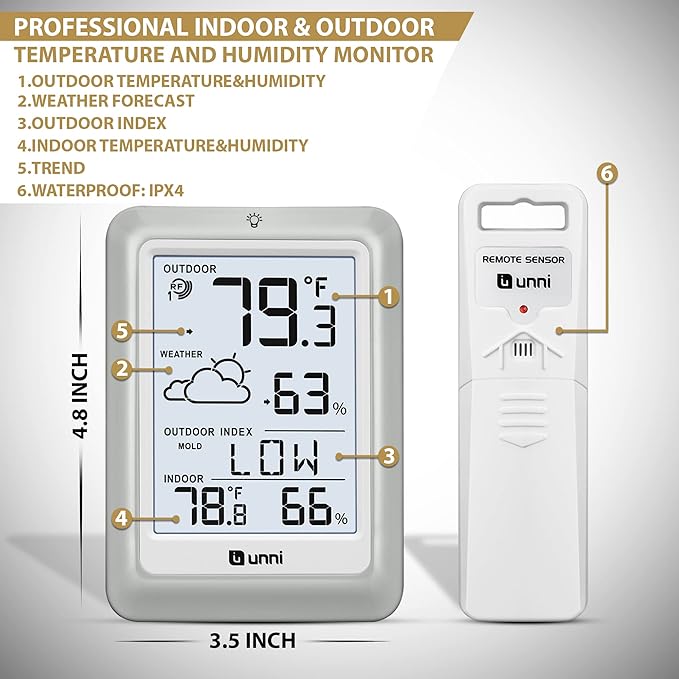 Indoor Outdoor Thermometer Hygrometer Wireless Weather Station, Temperature Humidity Monitor Battery Powered Inside Outside Thermometers with 330ft Range Remote Sensor and Backlight Display - Image 5