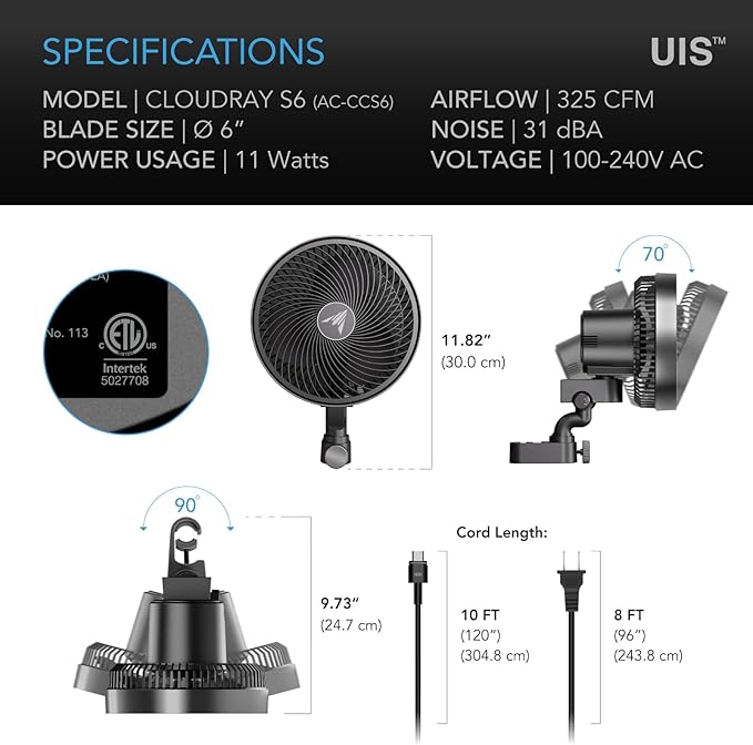 AC Infinity CLOUDRAY S6, Grow Tent Clip Fan 6” with Redesigned Long-Life EC Motor, Custom 10 Dynamic Wind Speeds and 10-Level Oscillation, Weatherproof IP-54, for Hydroponics Circulation Cooling - Image 7