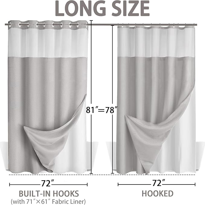 No Hook Shower Curtain and Liner Set,Light Grey Hotel Waffle Shower Curtain with Liner 81" L x 72" W - Image 6