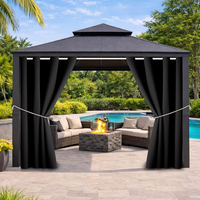 Waterproof Outdoor Curtain W52 x L84 - Grommet Top Sunlight Blocking Window Treatment Drapes Blackout Curtains for Home Bedroom Living Room Outdoor Patio Porch Pergola Cabana Gazebo (Black, 2 Panels) by DivaenCamino