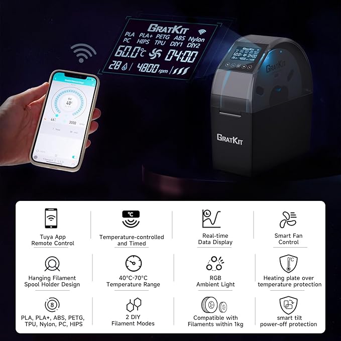 GratKit 3D Filament Dryer Box Firefly V2.0, Tuya App Controlled Smart Filament Dryer, Up to 70℃，5015 Fan Included, Compatible with Most 3D Printing filaments, PLA, PLA+, PETG, TPU, ABS, Nylon - Image 3