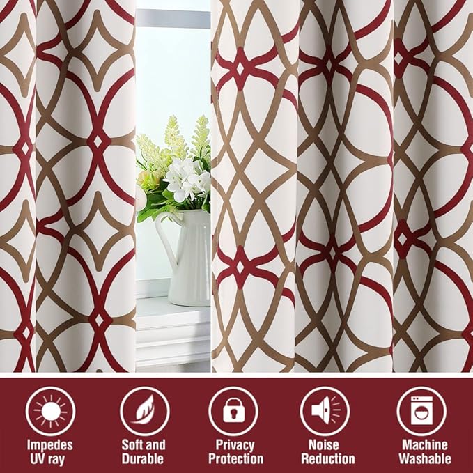 H.VERSAILTEX Blackout Curtains Printed Design 63 Inch Length 2 Panels Set Thermal Insulated Curtains for Bedroom Living Room Geometric Modern Grommet Window Drapes - Taupe and Red - Image 6