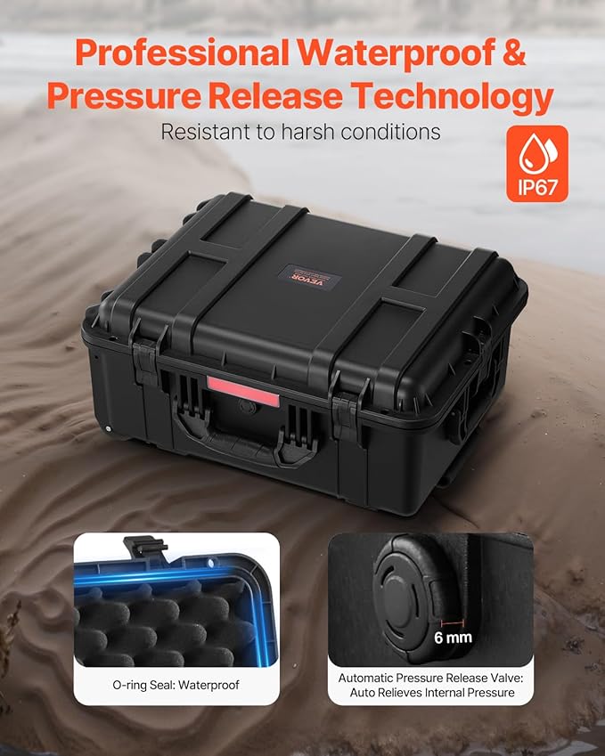 VEVOR Weatherproof Hard Case, Heavy Duty Protective Dry Box with Pre-Cut Foam, Wheels & Retractable Pull Handles for Travel, Hunt, Military, Tactical, IP67 Waterproof Case for Cameras(57x45x28) - Image 4