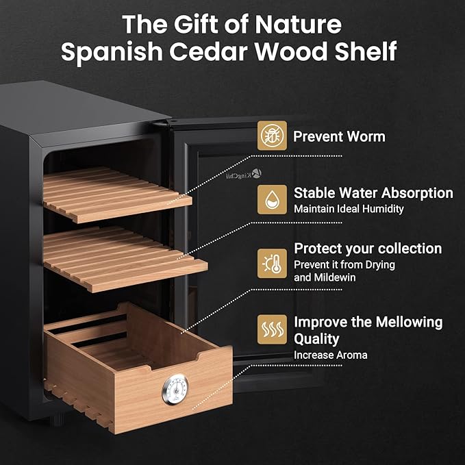 KingChii 23L Electric Cigar Humidors with Temperature Control System, Cigar Cabinet with Spanish Cedar Wood Shelves & Hygrometer, Father's Day Gifts for Men (3 Layers 150 Capacity) - Image 4