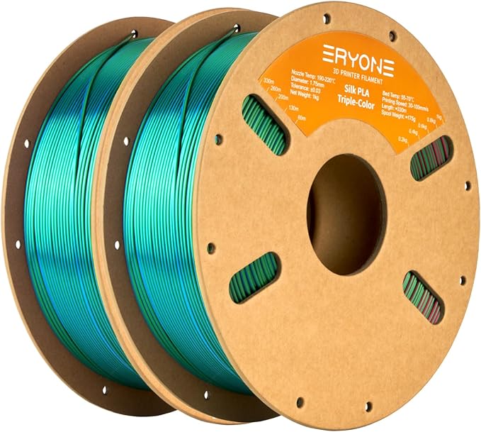 ERYONE Silk Tri Color PLA Filament 3D Printer 1.75mm +/- 0.03mm, Multicolor Filament Tricolor PLA Bundle 2KG Cardboard Spool, Red Blue Green by ERYONE