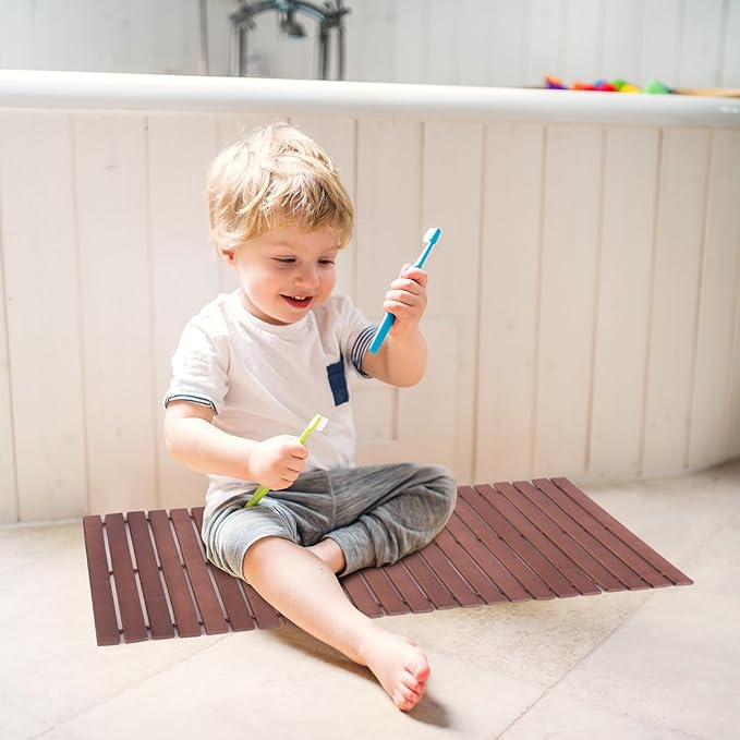 Bath Mat Bathroom Rugs Floor Wood Shower Bathtub Waterproof Non Slip Walnut Accessories 16x24 Inch Easy to Clean, 2 pcs - Image 4