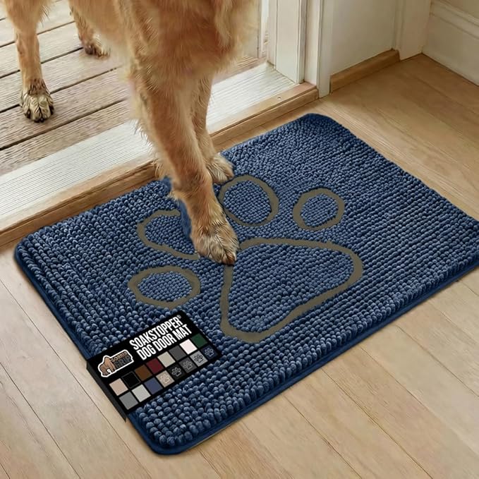GORILLA GRIP SOAKSTOPPER Dog Door Mat, 30x20 Machine Washable Rug Absorbent Doormat Captures Moisture Mud Dirt, Quick Dry Soft Chenille Entryway Rugs Indoor Entrance Mats for Dog Paws, Navy by GorillaGrip
